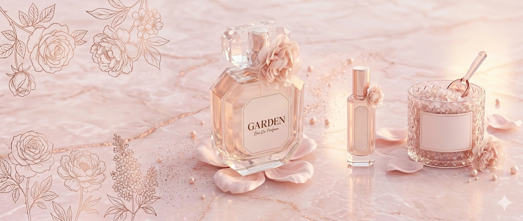 Bộ sưu tập nước hoa nữ cao cấp Garden đặt trên nền đá cẩm thạch hồng sang trọng phối cùng muối tắm và họa tiết hoa hồng